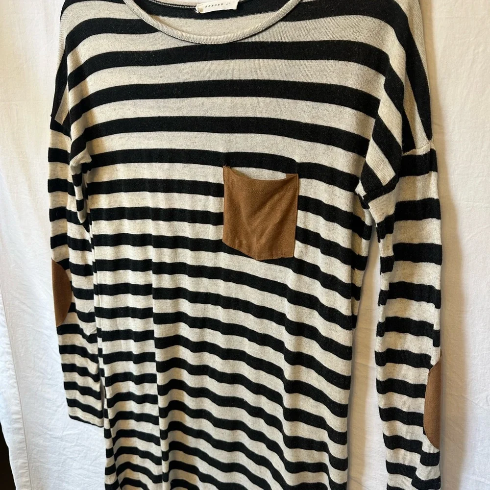 Reborn J Striped Knit Tunic Top w/ Faux Leather Pocket & Elbow Patches Sz Small - Picture 3 of 6